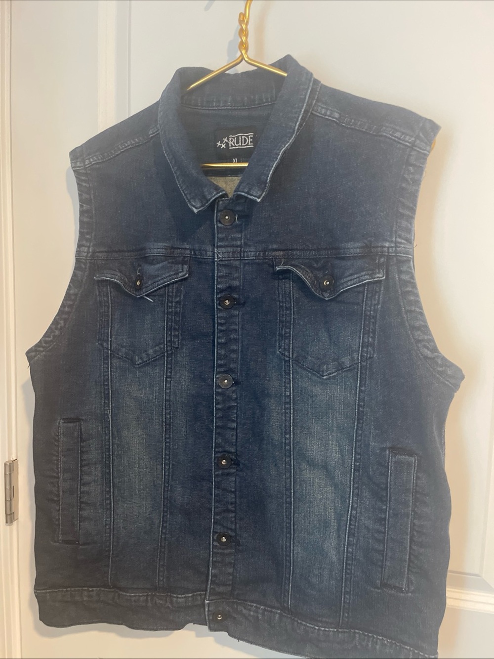 RUDE Men's XL Dark Blue Denim Vest with Button Front SKULL Patch in back Biker
